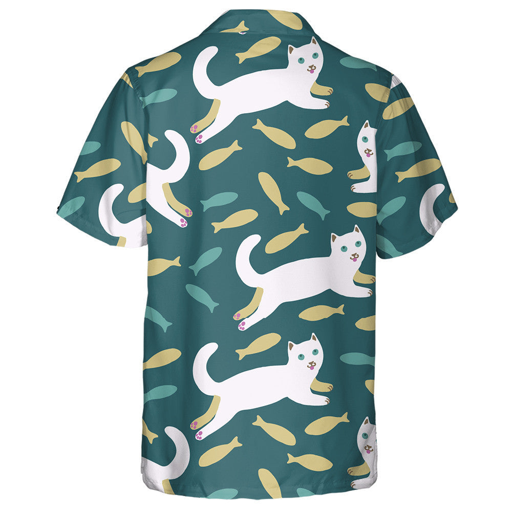Cartoon White Cat And Fishes On Green Hawaiian Shirt, Hawaiian Shirt Gift, Christmas Gift