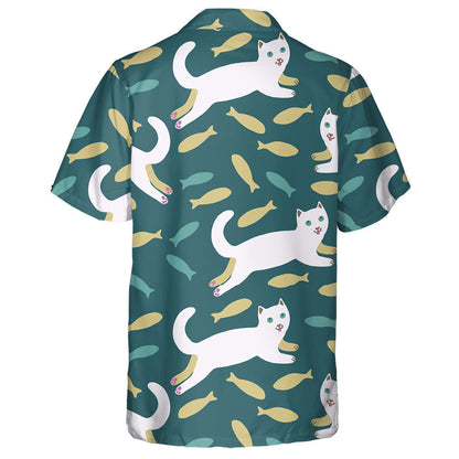 Cartoon White Cat And Fishes On Green Hawaiian Shirt, Hawaiian Shirt Gift, Christmas Gift