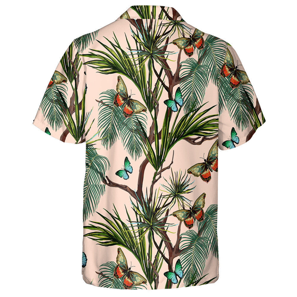 Cúlra Samhraidh Trópaiceach le Féileacáin Léine Haváích le duilleoga pailme, bronntanas Léine haváíais, bronntanas Nollag