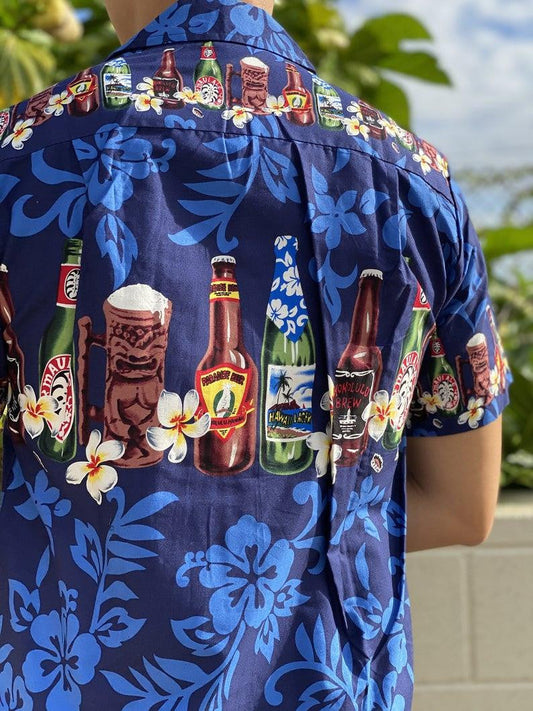 Brewed Beer Aloha Blue Navy Hibiscus Pattern Hawaiian Shirt, Hawaiian Shirt Gift, Christmas Gift