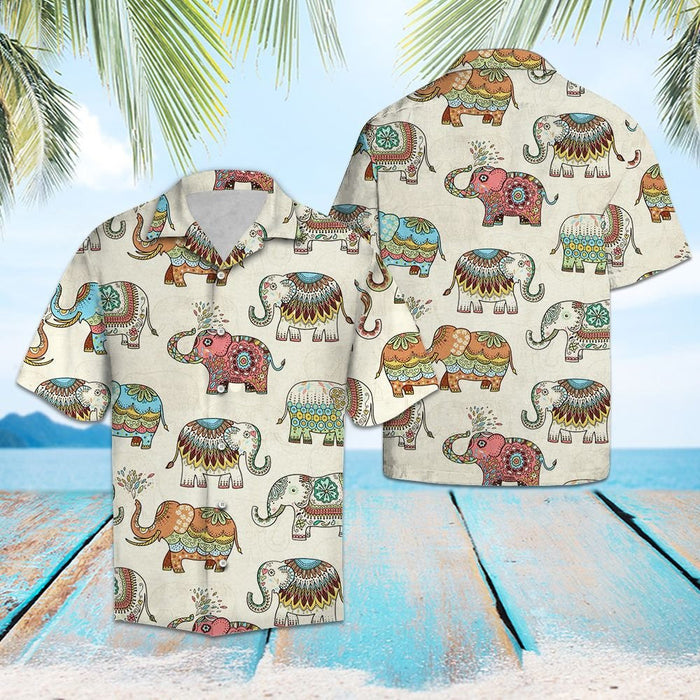 Colorful Mandala Elephant In Beige Hawaiian Shirt, Hawaiian For Gift
