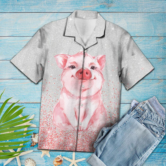 Sparkling Pink In Gray With Pig Design Hawaiian Shirt, Hawaiian Shirt Gift, Christmas Gift