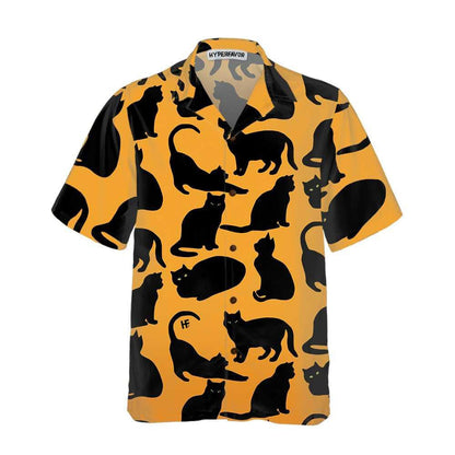 Scáthchruth Dubh Yoga Cat Ar Patrún Buí Léine Haváís, Bronntanas Léine Haváís, Bronntanas Nollag