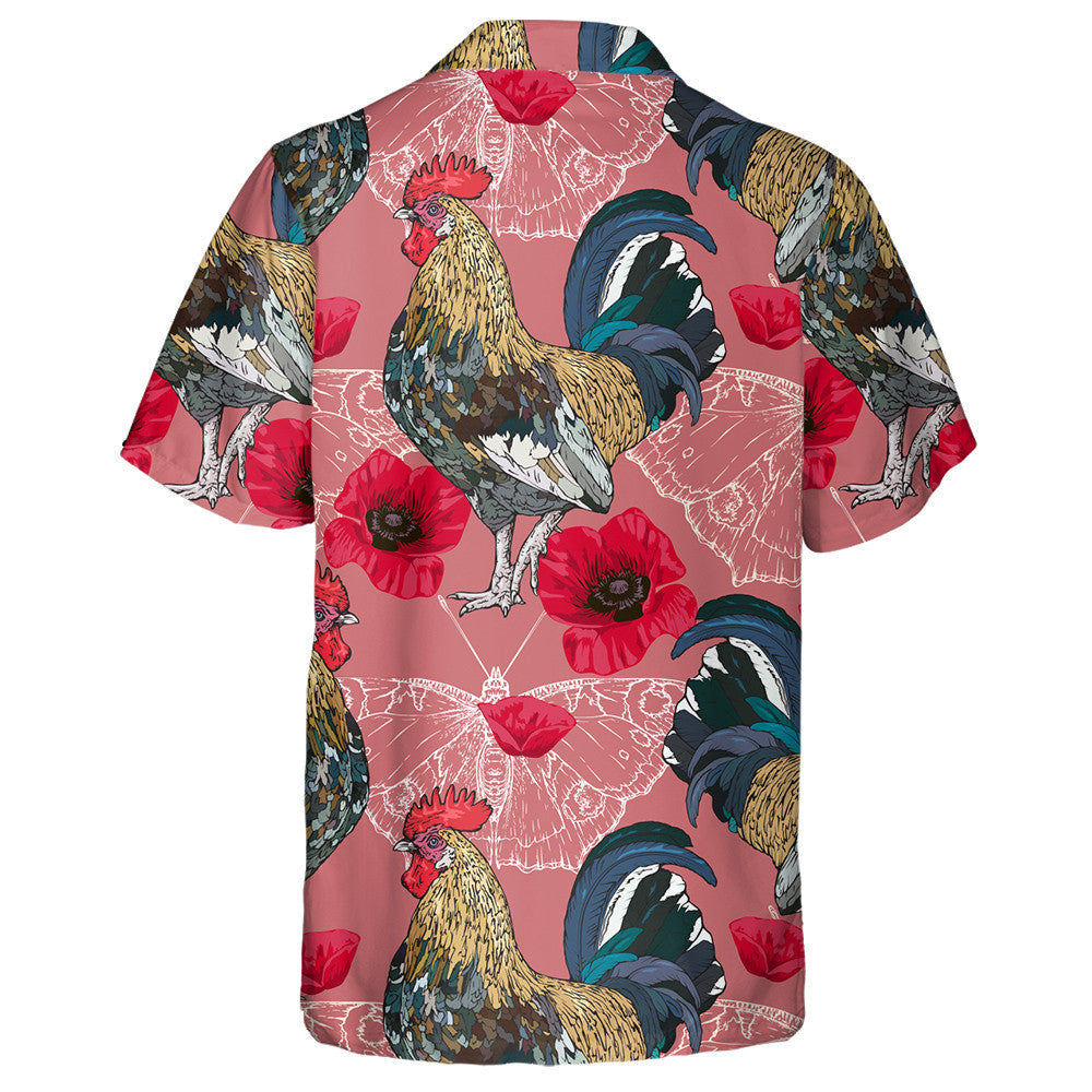 Red Poppies Butterflies Silhouettes And Chicken Hawaiian Shirt,Hawaiian Shirt Gift, Christmas Gift