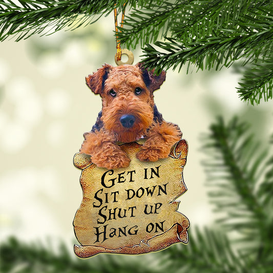 Faigheann Airedale Bhrocaire ornáid dhá thaobh, Bronntanas Nollag, Maisiú Nollag