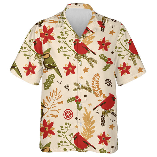 Watercolor Red Cardinal And Poinsettias Traditional Symbols Hawaiian Shirt, Hawaiian Shirt Gift, Christmas Gift