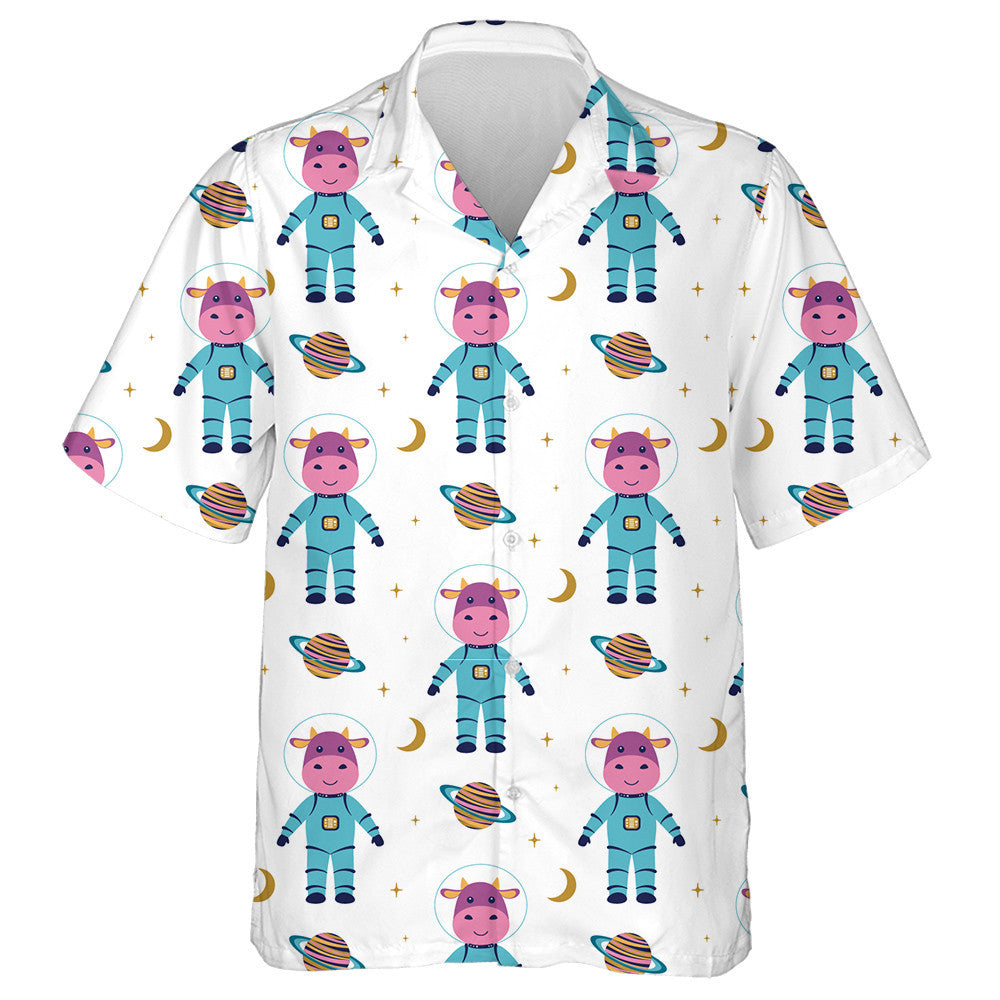 Cartoon Cows And Cute Space Bulls Hawaiian Shirt, Hawaiian For Gift