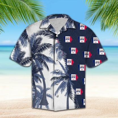Iowa Flag With Palm Trees Design Hawaiian Shirt, Hawaiian For Gift