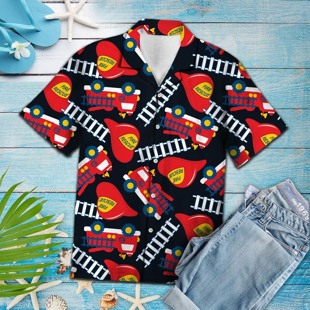 Firefighter With Ladder And Helmet Hawaiian Shirt,Hawaiian Shirt Gift, Christmas Gift