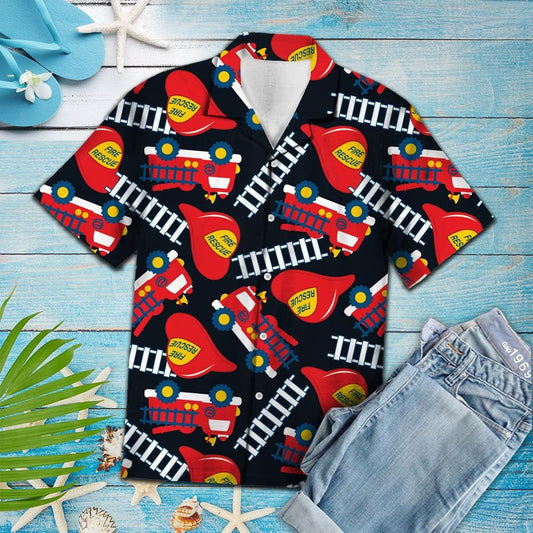 Firefighter With Ladder And Helmet Hawaiian Shirt,Hawaiian Shirt Gift, Christmas Gift