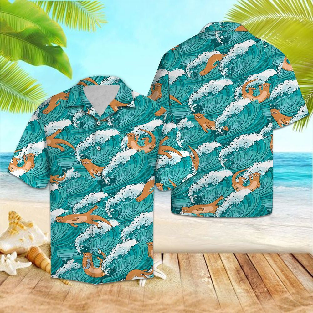 Cartoon Dobharchú Fiáin ag Léim Ar Thonnta Farraige Patrún Léine Haváís, Bronntanas Léine Haváís, Bronntanas Nollag