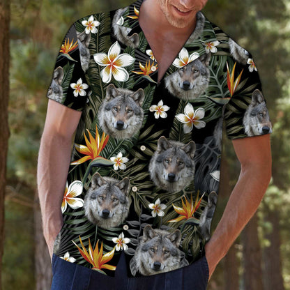 Hawaiian Shirt Wolf Face With Paradise And Plumeria Flowers, Hawaiian Shirt Gift, Christmas Gift