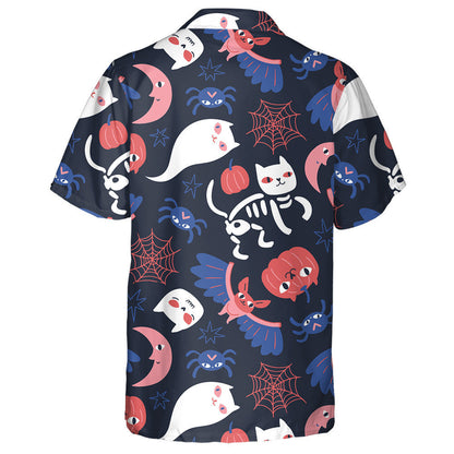 Cats And Ghosts On Navy Blue Background Hawaiian Shirt, Hawaiian Shirt Gift, Christmas Gift