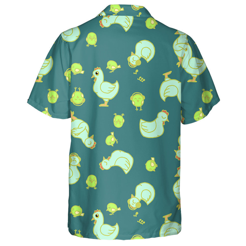 Cheerful Funny Green Hen And Chicken Hawaiian Shirt, Hawaiian For Gift