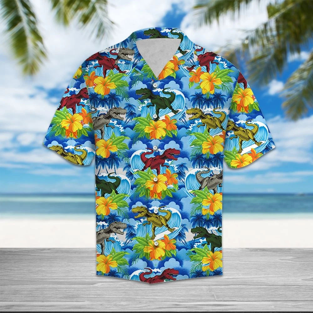 Dinosaur Blue Tropical Leaves And Flowers Hawaiian Shirt,Hawaiian Shirt Gift, Christmas Gift