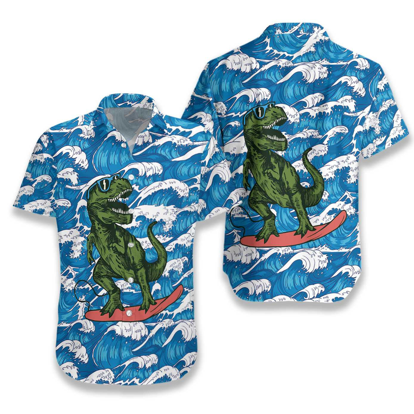 Surfing T-Rex Dinosaur Beautiful Waves Pattern Hawaiian Shirt, Hawaiian Shirt Gift, Christmas Gift