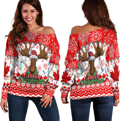 Christmas Moose Canada Women Off Shoulder Sweater, Christmas Ugly Sweater, Christmas Gift, Gift Christmas 2024