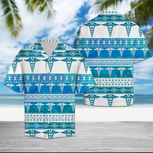 White And Blue Nurse Sign Feather Pattern Hawaiian Shirt, Hwaiian For Gift
