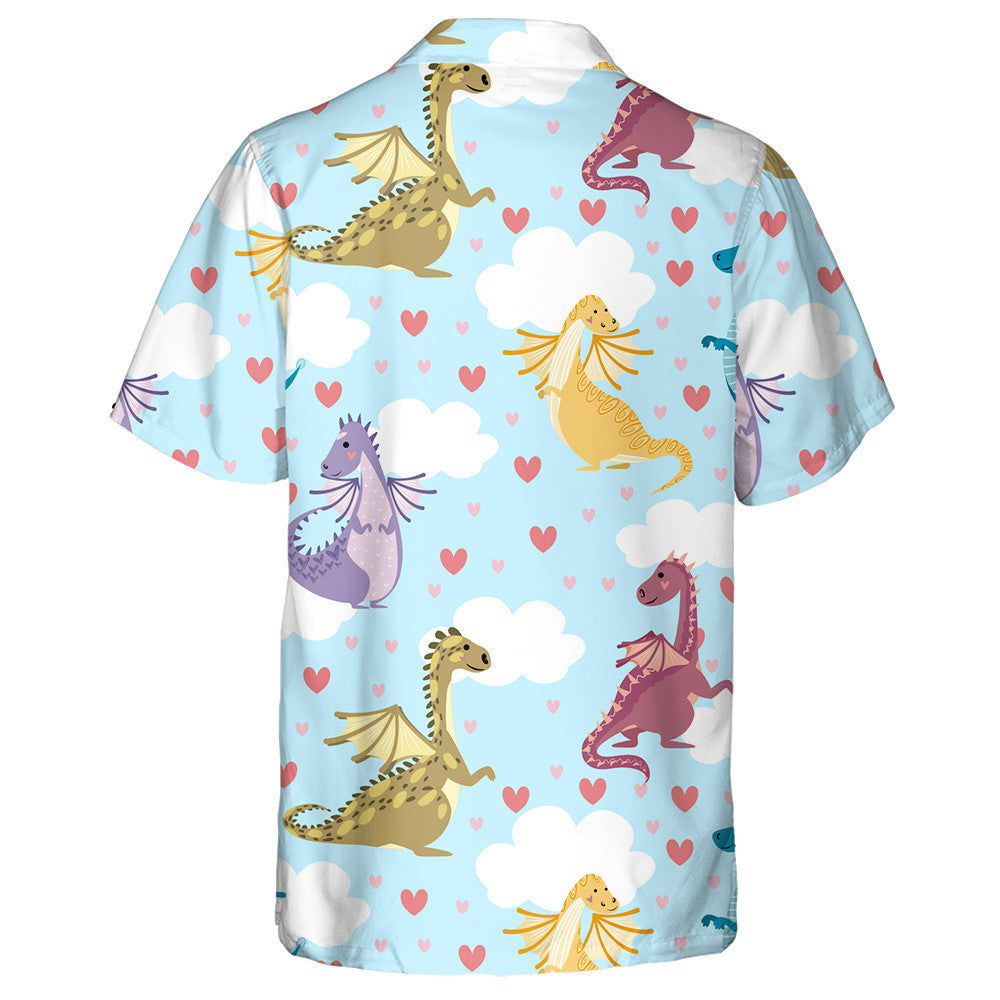 Bright Multicolored Dragons In Hearts And Clouds Hawaiian Shirt, Hawaiian Shirt Gift, Christmas Gift