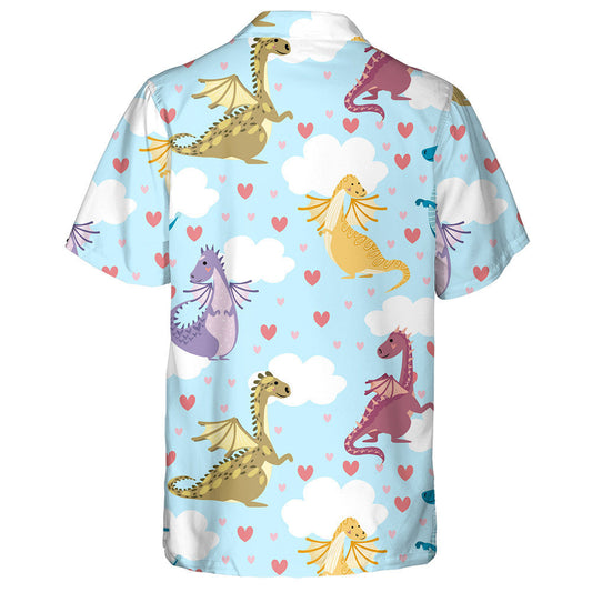 Bright Multicolored Dragons In Hearts And Clouds Hawaiian Shirt, Hawaiian Shirt Gift, Christmas Gift