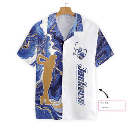 Blue Marble And Gold Silhouette Custom Name Hawaiian Shirt, Hawaiian Shirt Gift, Christmas Gift