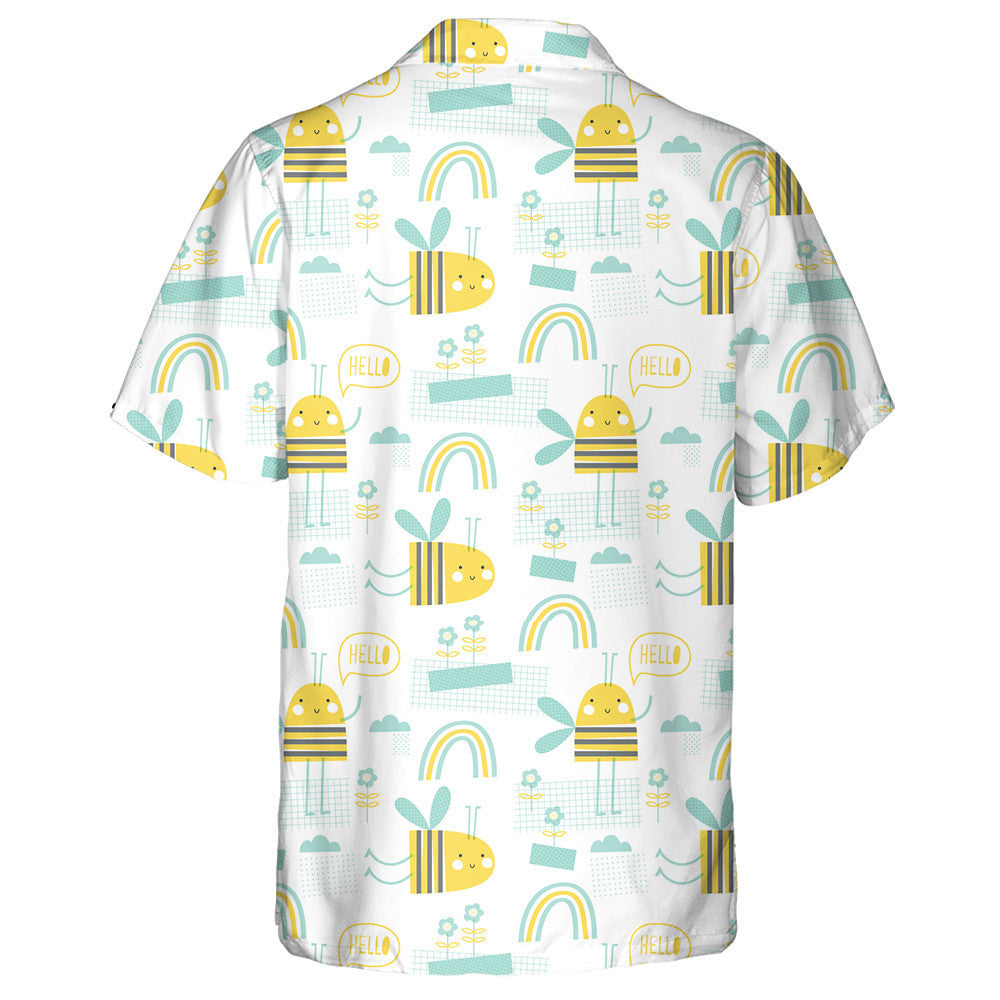 Striped Little Bees Yellow And Turquoise Colors Hawaiian Shirt, Hawaiian Shirt Gift, Christmas Gift