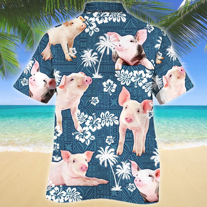 Cute Pink Pig And Hibiscus On Blue Tribal Pattern Hawaiian Shirt, Hawaiian Shirt Gift, Christmas Gift