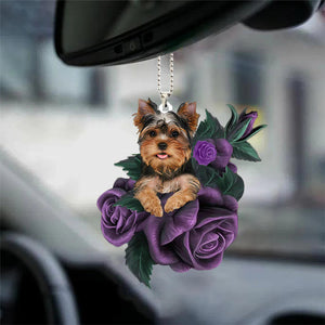 Yorkshire Terrier In Purple Rose Car Hanging Ornament, Christmas Decoration