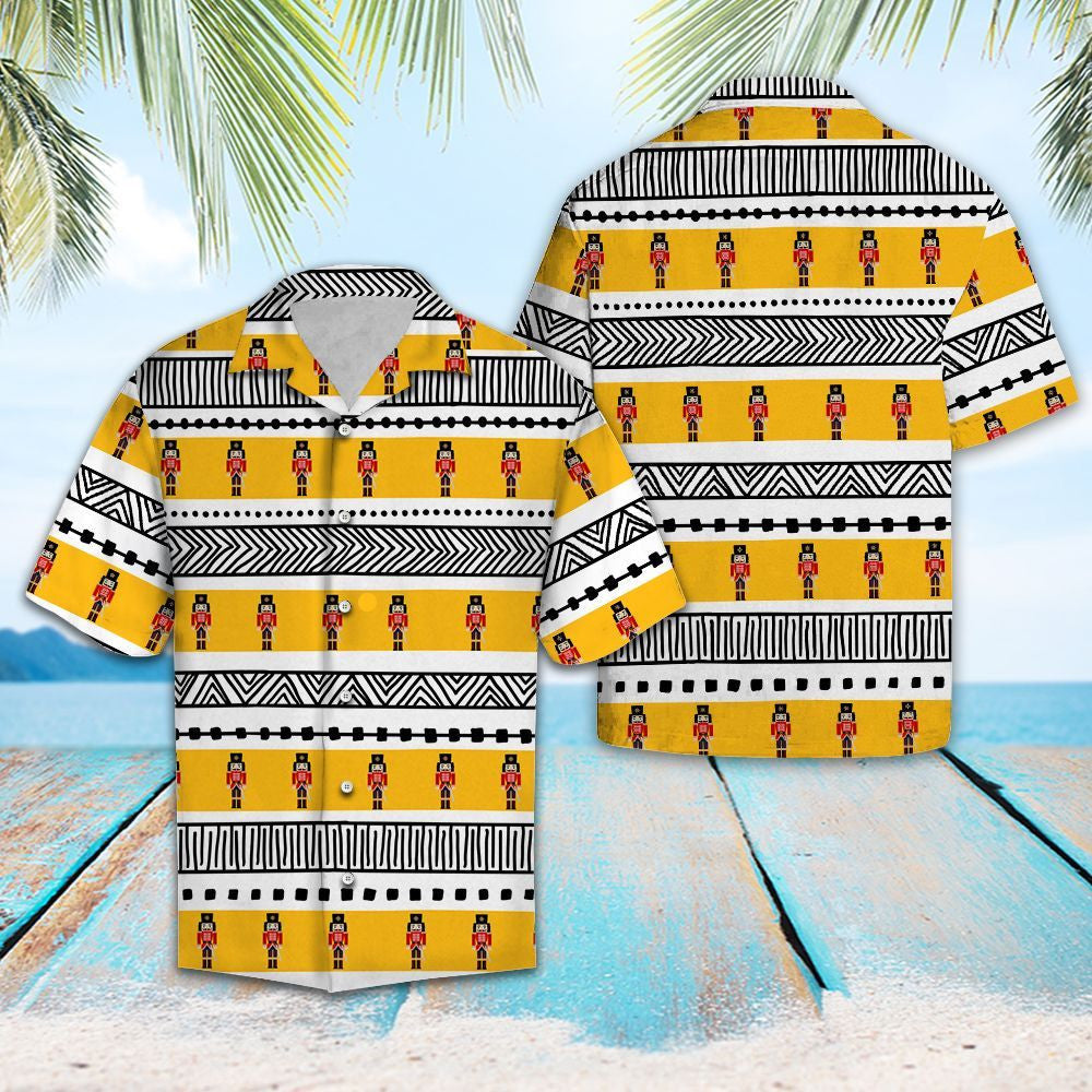 Nutcracker In Yellow Black And White Lines Hawaiian Shirt,Hawaiian Shirt Gift, Christmas Gift