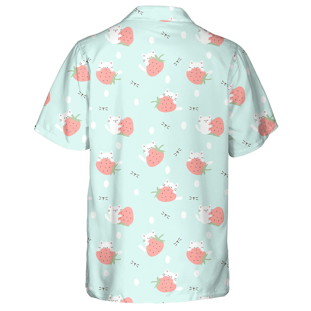 Cartoon Cat And Strawberry On Pastel Green Hawaiian Shirt, Hawaiian Shirt Gift, Christmas Gift