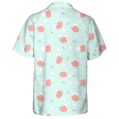 Cartoon Cat And Strawberry On Pastel Green Hawaiian Shirt, Hawaiian Shirt Gift, Christmas Gift