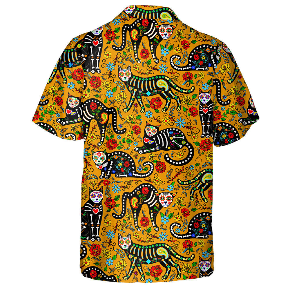 Calavera Siúcra Cloigeann Cat Dubh I Stíl Mheicsiceo Léine Haváís, Bronntanas Léine Haváíais, Bronntanas Nollag