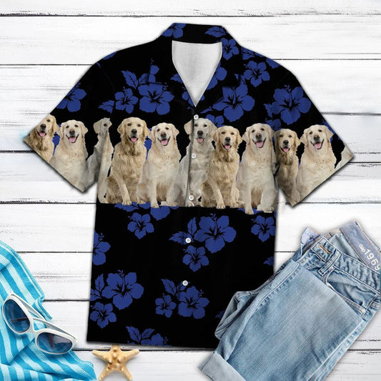 Hibiscus Trópaiceach Awesome Golden Retriever Ar Léine Haváí le Patrún Dubh, Bronntanas Léine Haváíais, Bronntanas Nollag