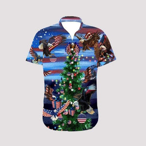 Merry Christmas Hawaiian Shirt America Eagle Colorful Tree Pattern, Hawaiian Shirt Gift, Christmas Gift.