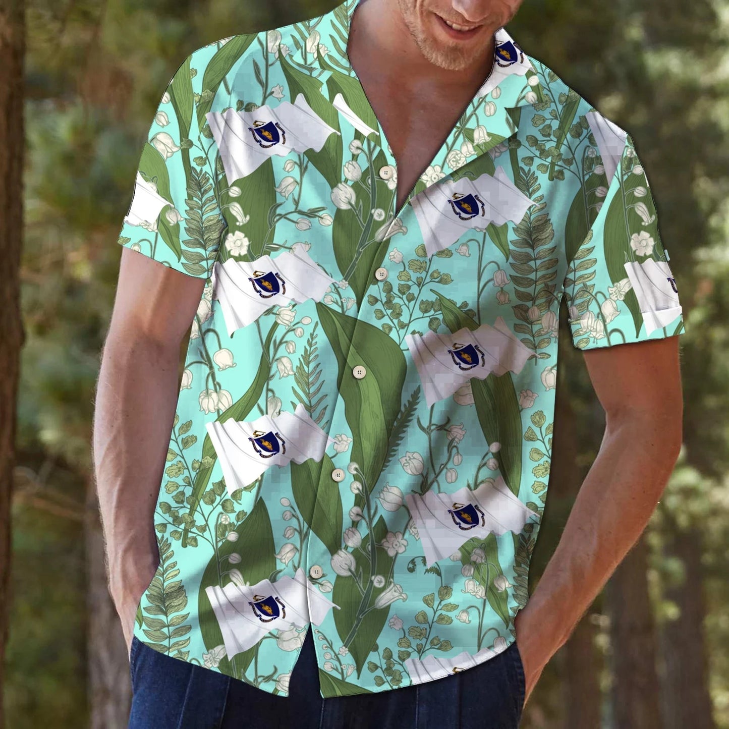 Massachusetts Mayflower With Green Leaves On Mint Hawaiian Shirt, Hawaiian Shirt Gift, Christmas Gift