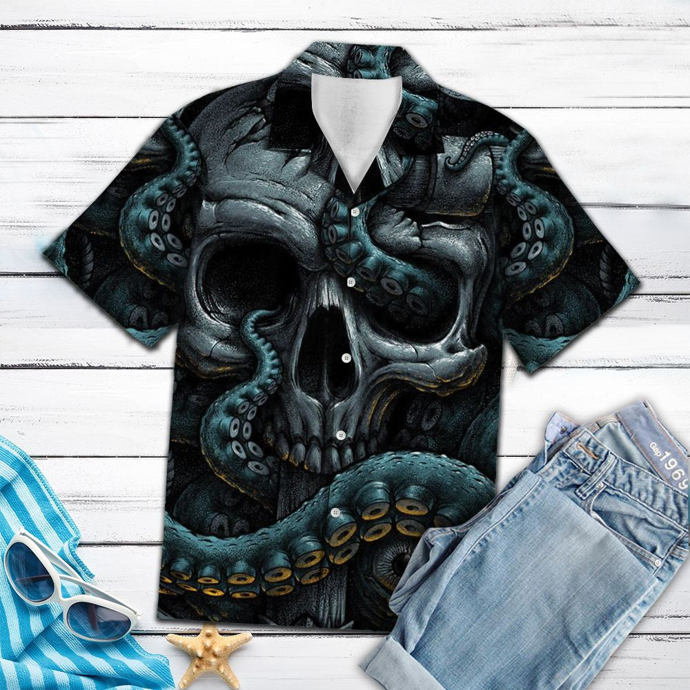 Blue Octopus Wrapped Skull Head Hawaiian Shirt, Hawaiian For Gift