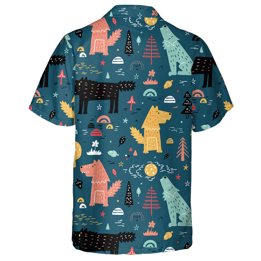 Hand Drawn Wolf In Forest Cartoon Style Hawaiian Shirt, Hawaiian Shirt Gift, Christmas Gift