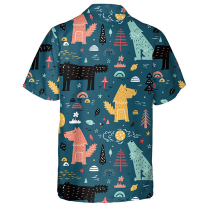 Hand Drawn Wolf In Forest Cartoon Style Hawaiian Shirt, Hawaiian Shirt Gift, Christmas Gift