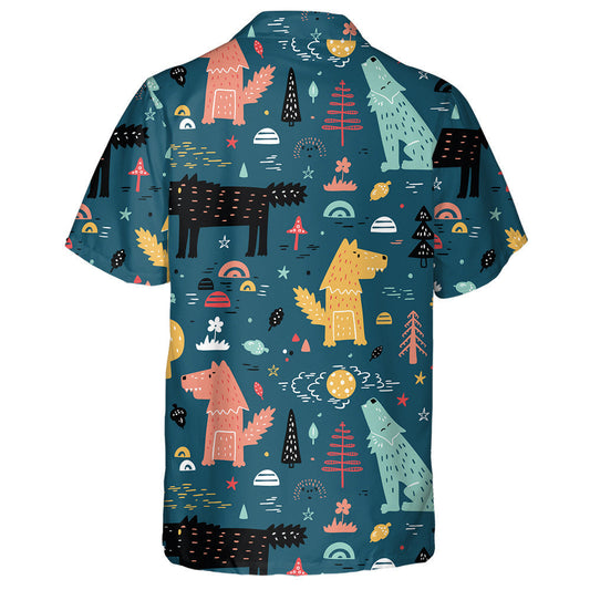 Hand Drawn Wolf In Forest Cartoon Style Hawaiian Shirt, Hawaiian Shirt Gift, Christmas Gift