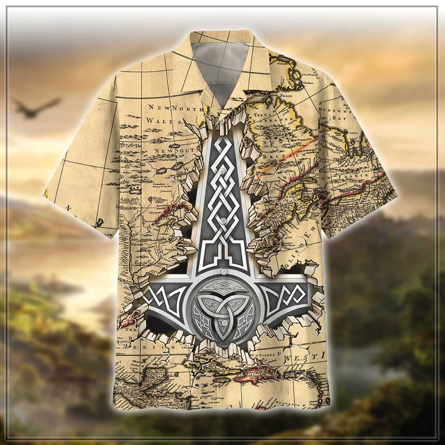 Viking On Cream Background Pattern Hawaiian Shirt, Hwaiian For Gift