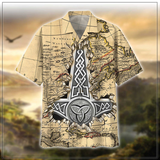 Viking On Cream Background Pattern Hawaiian Shirt, Hwaiian For Gift