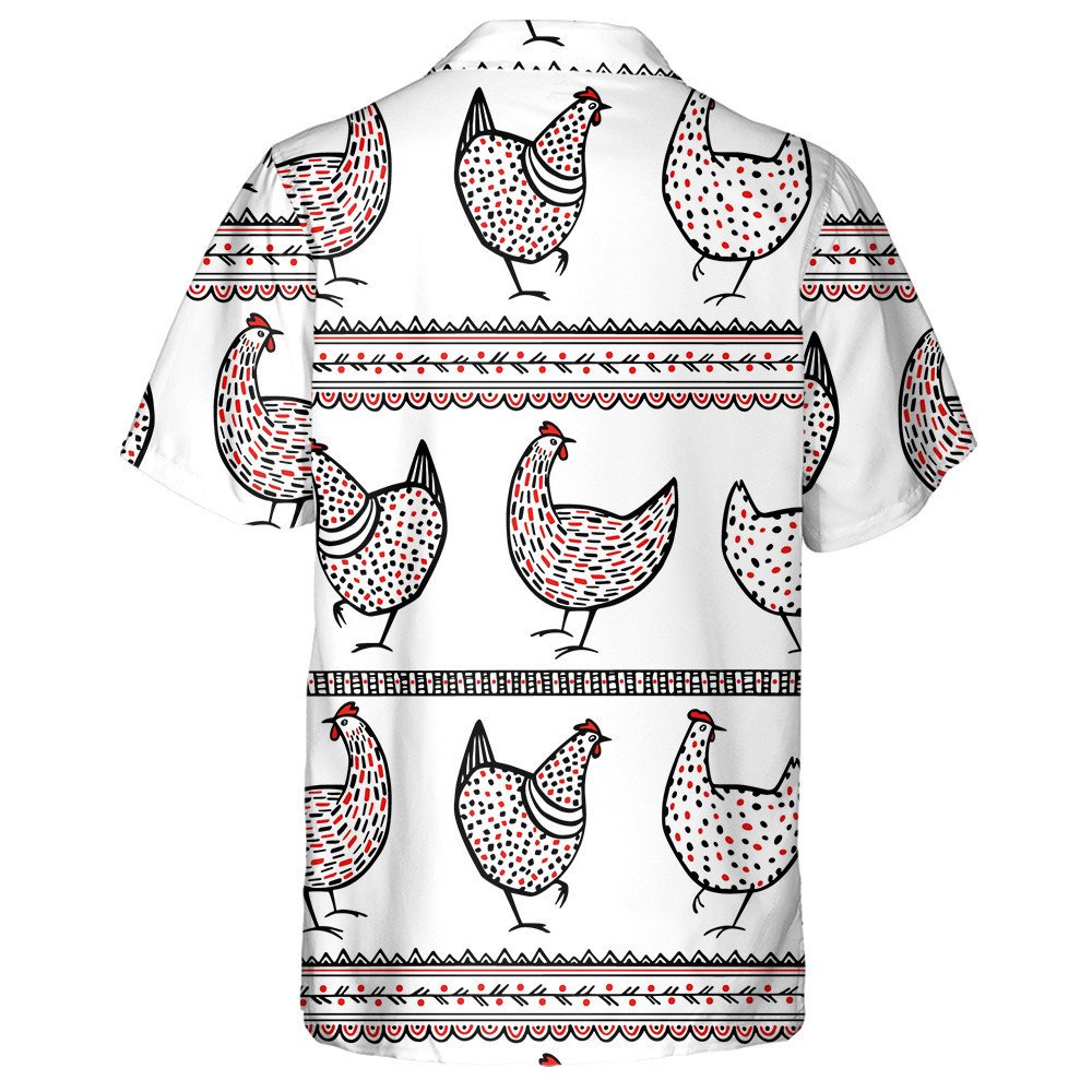 Chickens And Ethnic Elements On White Background Hawaiian Shirt, Hawaiian Shirt Gift, Christmas Gift