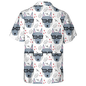 Grey Wolf With Glasses And Hearts Hawaiian Shirt,Hawaiian Shirt Gift, Christmas Gift