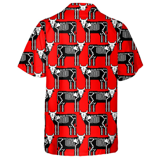 Cow Skeleton Pixel Art On Red Hawaiian Shirt,Hawaiian Shirt Gift, Christmas Gift