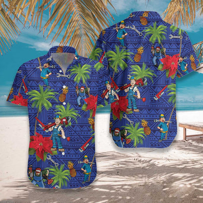 Plumber Proud Beautiful Blue Geometric Pattern Hawaiian Shirt,Hawaiian Shirt Gift, Christmas Gift