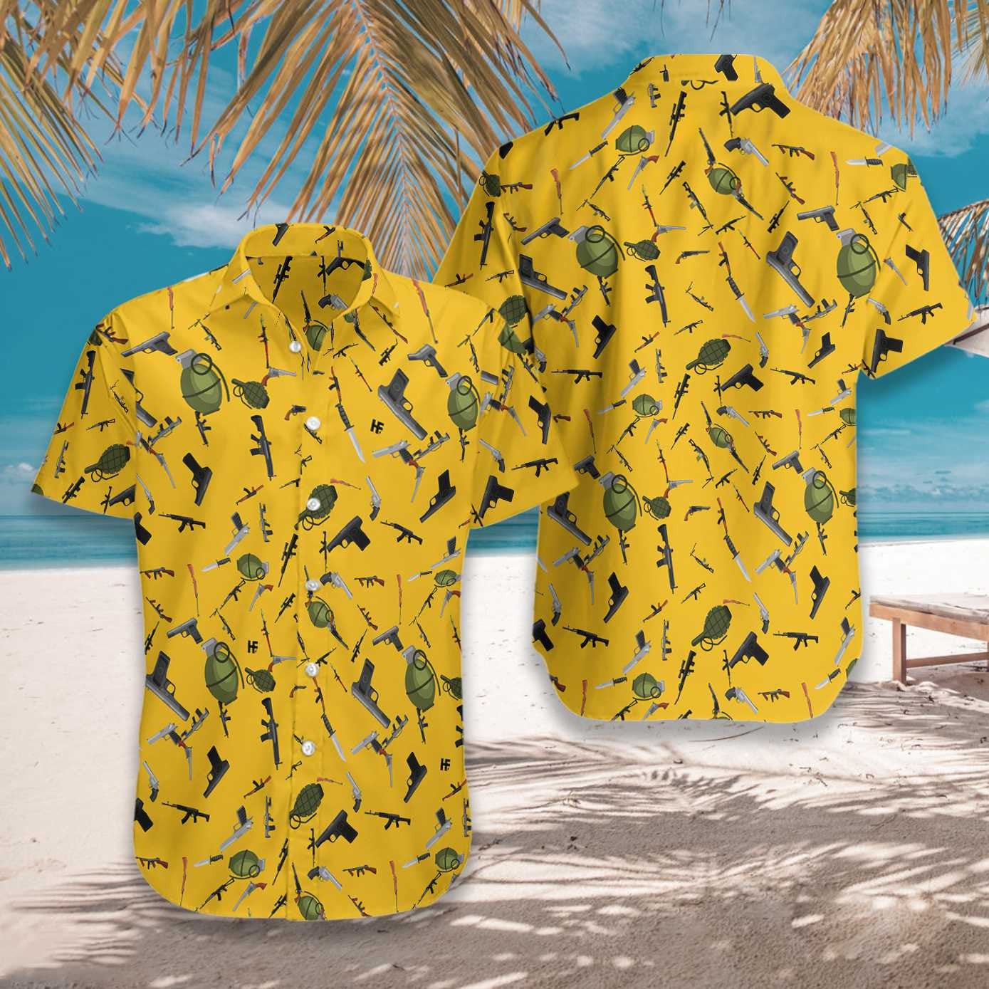 Gold Background Gun Military Gear Hawaiian Shirt,Hawaiian Shirt Gift, Christmas Gift