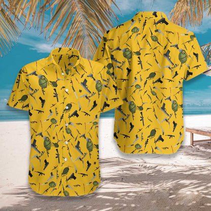 Gold Background Gun Military Gear Hawaiian Shirt,Hawaiian Shirt Gift, Christmas Gift