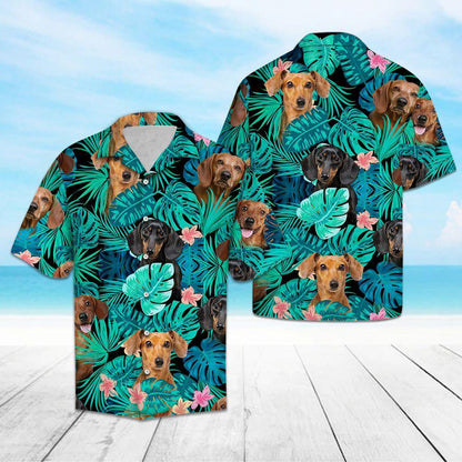 Head Of Dachshund Tropical Jungle Design Hawaiian Shirt, Hawaiian For Gift