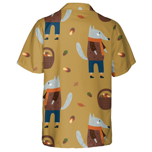 Cartoon Doodle Mushrooms And Wolf Modern Fall Hawaiian Shirt, Hawaiian Shirt Gift, Christmas Gift
