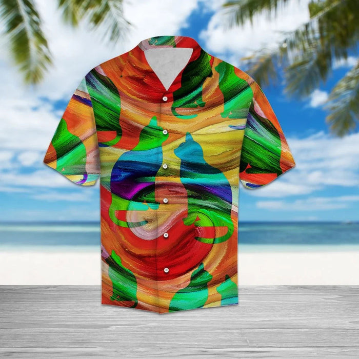 Colorful Cat Shape On Swirl Texture Pattern Hawaiian Shirt, Hawaiian Shirt Gift, Christmas Gift